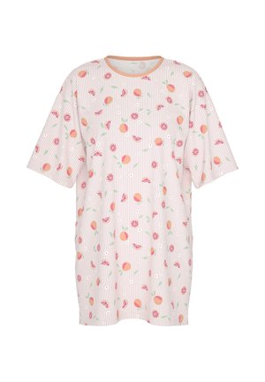 Kurzärmliges, übergroßes T-Shirt aus leichtem Stoff mit gestreiftem Muster und Frucht- sowie Blumenprints in Pastellfarben.