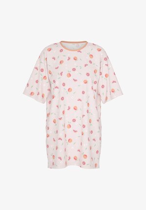 Oversized T-shirt met korte mouwen, gemaakt van lichtgewicht stof, met een gestreept patroon met fruit- en bloemenprints in pasteltinten.