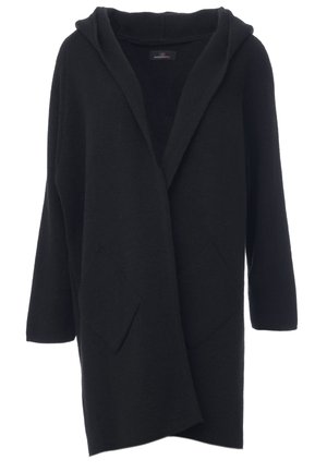 Zwarte gebreide hoodie cardigan met een open voorkant, twee voorzakken en driekwartmouwen. Zachte textuur en comfortabele pasvorm.