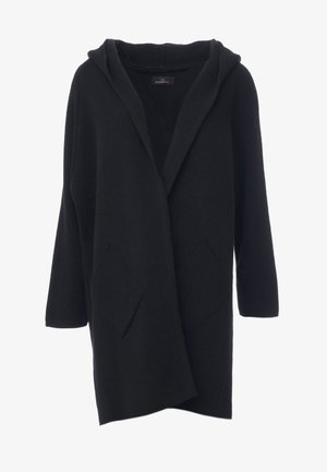 Zwarte gebreide hoodie cardigan met een open voorkant, twee voorzakken en driekwartmouwen. Zachte textuur en comfortabele pasvorm.