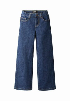 Jeans blu scuro a gamba larga con tasche frontali, passanti per cintura, chiusura con bottoni e cuciture visibili.