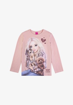 Light pink long-sleeve t-shirt featuring a central graphic of a girl with long hair and three pets: two dogs and a cat. "So Cute" text included.