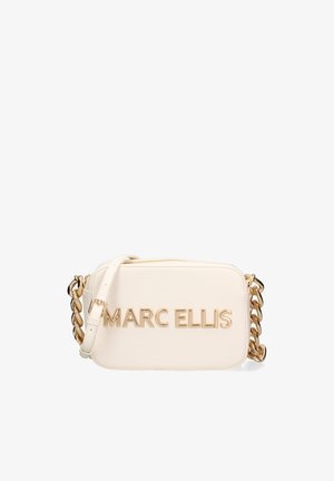 Borsa a tracolla rettangolare color crema con cinghia a catena dorata e logo "MARC ELLIS" in lettere dorate sulla parte frontale.