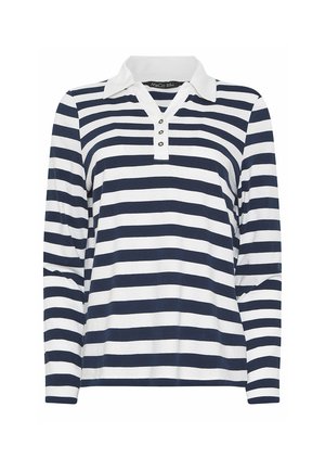 Granatowo-biała polówka w poziome paski z długim rękawem, białym kołnierzykiem i trzema guzikami na listwie.