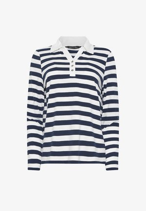 Polo à manches longues à rayures horizontales bleu marine et blanches, avec col blanc et trois boutons sur la patte de boutonnage.