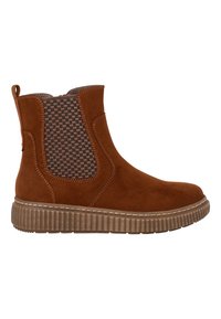 Brown ankle boots made of suede with a textured woven panel. Features a thicker rubber sole with ridged detailing and a loop tab on the heel.