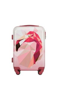 Twarda walizka z geometrycznym wzorem flaminga w odcieniach różu, z gładką fakturą i różowymi kółkami.
