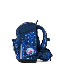 Sac à dos bleu marine avec un design à motifs comprenant des bulles et un graphique circulaire d'une créature rose. Comprend des bretelles rembourrées et des accents réfléchissants.