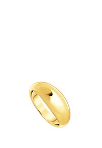 Anello in metallo color oro con una finitura liscia e lucidata. Il design è arrotondato, con una leggera indentazione al centro.