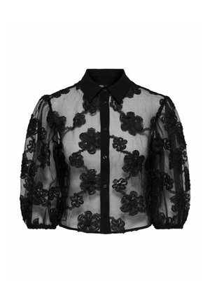 Schwarze durchsichtige Bluse mit floralem Stickerei, durchgehender Knopfleiste und kragen. Mit Puffärmeln und einer strukturierten Optik.