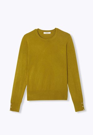 Pull en maille à manches longues de couleur moutarde avec un col rond, un ourlet côtelé et des accents de boutons sur les manches. Fabriqué à partir d'un matériau doux et lisse.
