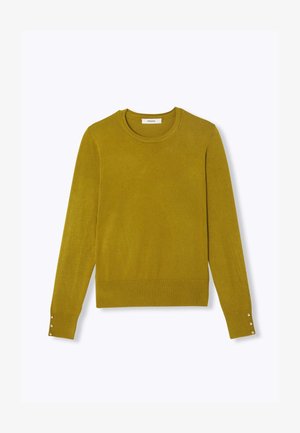 Pull en maille à manches longues de couleur moutarde avec un col rond, un ourlet côtelé et des accents de boutons sur les manches. Fabriqué à partir d'un matériau doux et lisse.