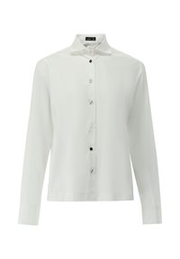 Camicia bianca a maniche lunghe con collo a camicia, con chiusura a bottoni sul davanti, dettagli lucidi in nero e argento e una texture liscia.
