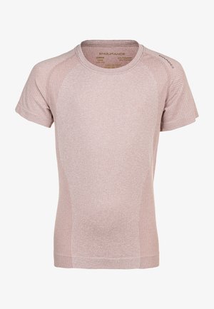 Lyserød idrætstrøje med korte ærmer, lavet af en blanding af polyamid og polyester. Har teksturerede sidepaneler for ventilation.