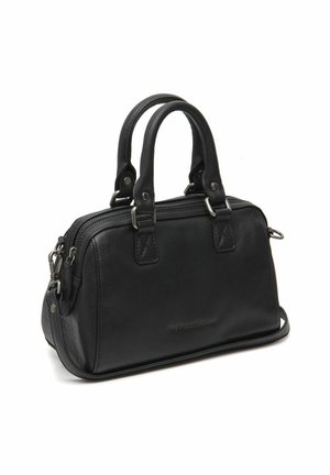 Sac à main en cuir noir avec doubles poignées, quincaillerie en ton argent et bandoulière détachable sur fond blanc.