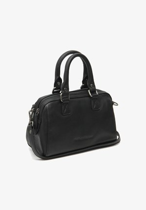 Sac à main en cuir noir avec doubles poignées, quincaillerie en ton argent et bandoulière détachable sur fond blanc.