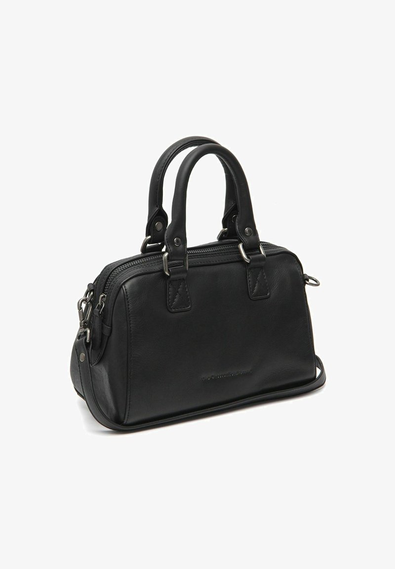 Schwarze Lederhandtasche mit doppelten Griffen, silberfarbener Hardware und abnehmbarem Schultergurt auf einem weißen Hintergrund.