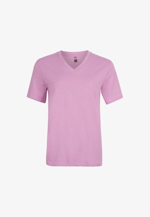 Jasnoróżowy T-shirt z krótkim rękawem i dekoltem w serek, gładki wzór, prezentowany na białym tle.