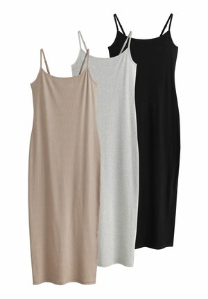 Trīs bezroku kleitas bēšā, pelēkā un melnā krāsā. Katru raksturo vienkāršs, piegulošs dizains ar gludu, ribotu tekstūru.