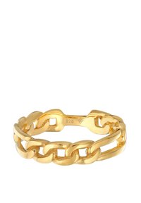 Goldplattierter Kettenring mit ineinandergreifenden Gliedern und polierter Oberfläche. Verfügt über Aussparungen und Markierungen zur Authentizität, einschließlich eines "925"-Stempels.