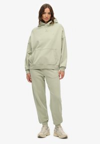 Hoodie verde chiaro e pantaloni abbinati realizzati in tessuto morbido, dotati di tasca frontale e polsi a coste per il massimo comfort.