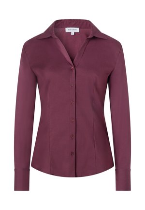 Long-sleeve, button-up women's blouse in deep burgundy with a classic collar and fitted seams.