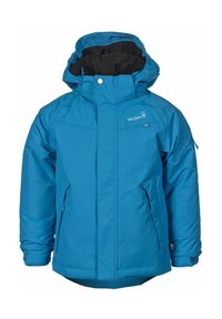Giacca isolante blu con cappuccio, tasche laterali e zip frontale. Presenta una texture liscia e un logo sul petto.