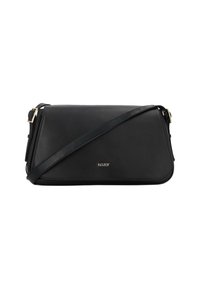 Borsa a tracolla in pelle nera con forma rettangolare, dettagli in metallo dorato e tracolla tonale. Presenta una texture liscia e un logo del marchio.