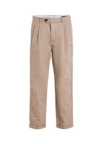 Béžové plisované kalhoty s ohrnovacími lemy, černým zapínáním na knoflíky, poutky na pásek a bočními kapsami, zobrazené na bílém pozadí.