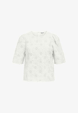 Witte blouse met korte mouwen met geborduurde bloemmotieven in opengewerkt stof en een ronde halslijn, met een oogjesknopsluiting aan de achterkant.
