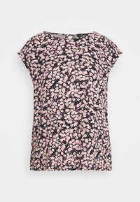 Bloes met bloemenmotief in donker marineblauw met roze en witte bloemen. Korte cap-sleeves, ronde halslijn, lichtgewicht stof, geplooide achterkant.
