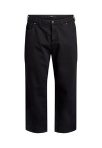 Black denim pants with a straight leg design, featuring two front pockets, a back pocket, and a button closure at the waistband.