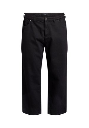 Black denim pants with a straight leg design, featuring two front pockets, a back pocket, and a button closure at the waistband.