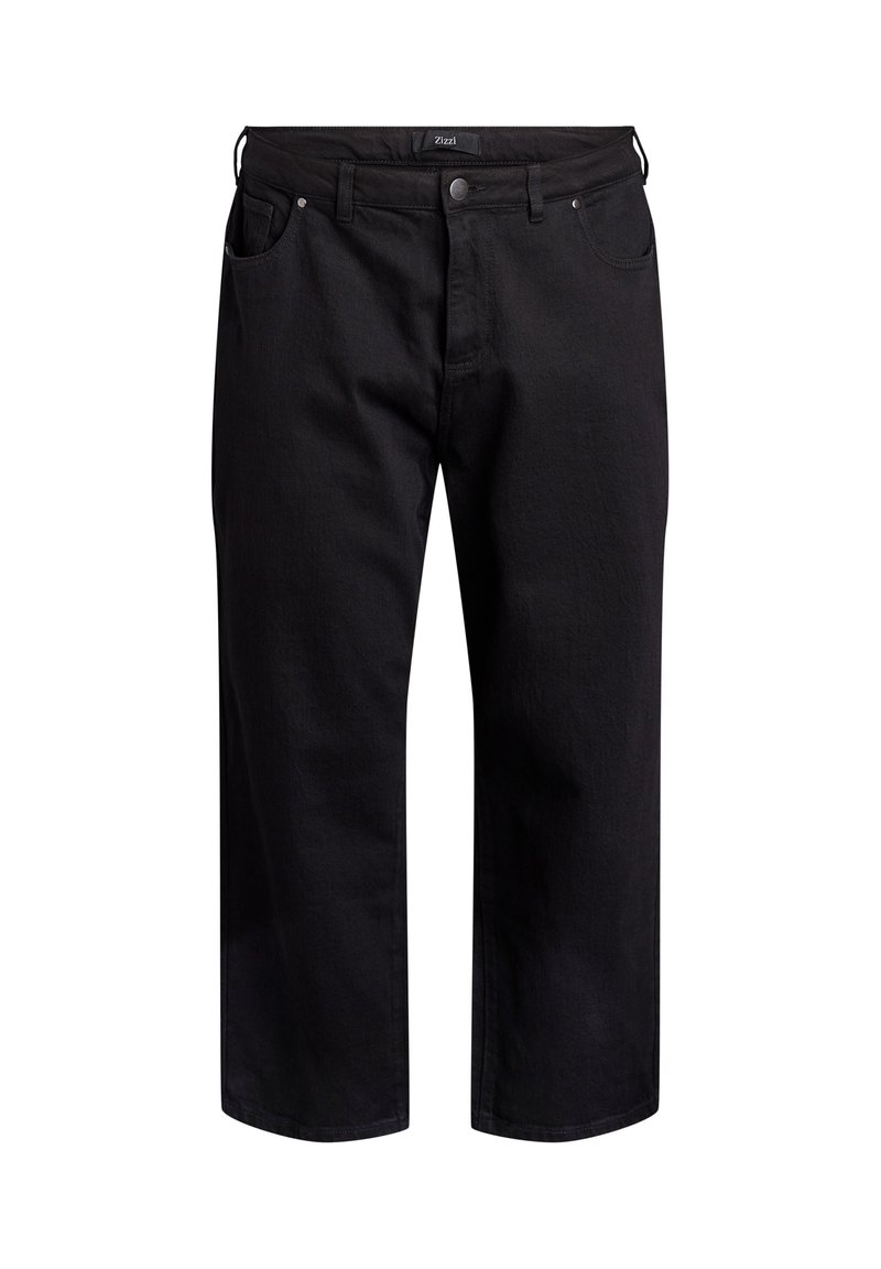 Black denim pants with a straight leg design, featuring two front pockets, a back pocket, and a button closure at the waistband.