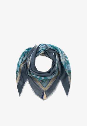 Foulard carré avec des motifs floraux bleu sarcelle, bleu et beige, bords foncés, bordure effilochée et deux pompons en bleu et crème à un coin.