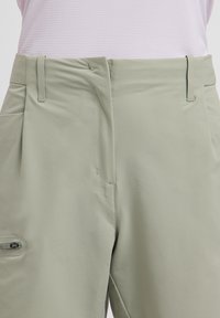 Hellgrüne Hose mit glatter Textur, ausgestattet mit Seitentaschen, einem vorderen Bundfalten und einem dezenten Reißverschlussdetail am linken Bein.