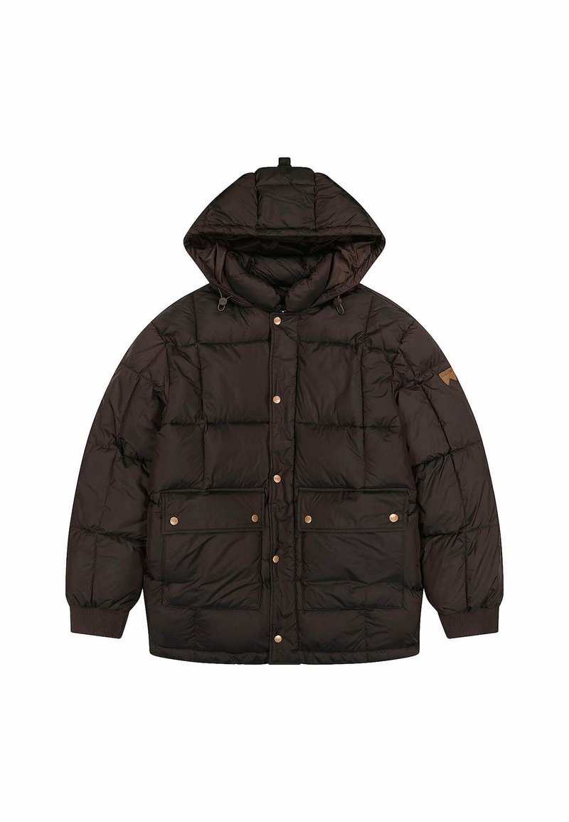 Giubbotto imbottito nero con cappuccio, caratterizzato da un design trapuntato, tasche anteriori a chiusura a scatto e polsini a costine. Realizzato in materiale lucido con accenti minimi.