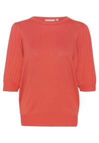 Korallenfarbener, kurzärmeliger Strickpullover mit gerippten Puffärmeln sowie einem gerippten Rundhalsausschnitt und Saum, Größe M.