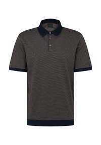 Kurzärmeliges Poloshirt in Dunkelblau und Hellblau, mit strukturiertem Muster, einer dreiknöpfigen Knopfleiste sowie einem blauen Kragen und Säumen.
