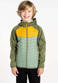 Grüne und gelbe Jacke mit gestepptem Brustbereich, Reißverschluss vorne und Kapuze. Hat kontrastierende Farben und zwei Seitentaschen. Hergestellt aus leichtem Material.