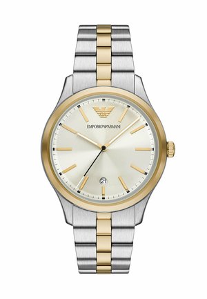 Zweifarbige Armbanduhr von Emporio Armani aus Silber und Gold mit rundem Zifferblatt, goldfarbenen Stundenmarkierungen, Datumsanzeige bei 6 Uhr und silber-goldenem Metallgliederarmband.