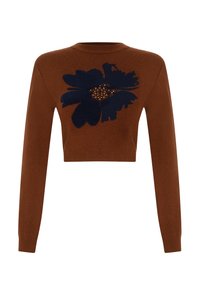 Pull marron court à manches longues avec un grand motif de fleur noire et de petites perles embellissant le centre.