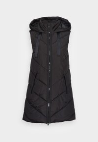 Schwarze Steppweste mit Kapuze, ausgestattet mit einem frontalen Reißverschluss, einem Zickzack-gesteppten Design und zwei seitlichen Reißverschlusstaschen.