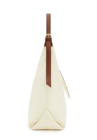Cream leather handbag with a brown leather handle, triangular shape, and smooth texture. Features a pointed bottom design for stability.