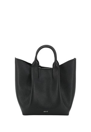 Black leather tote bag with rounded handles and subtle logo on front, showing soft textured surface and open top design.