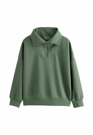 Green sweatshirt made of smooth fabric, featuring a half-zip closure and a large collar. The design has dropped shoulders and a relaxed fit.