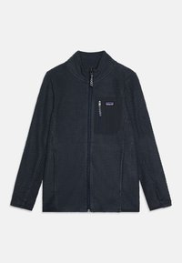 Veste bleu marine avec une surface texturée et à motifs, col haut, fermeture éclair intégrale et poche poitrine zippée.