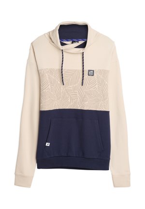 Hoodie in beige en marineblauw met een bladerenpatroon op de bovenste helft, een voorzak en contrasterende trekkoorden.