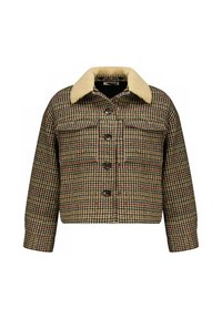 Houndstoothpatroon op een cropped jack in bruin, crème en rood, met een schapenvacht kraag, knopen aan de voorkant en twee borstzakken.