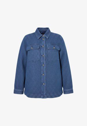 Blaue, gerippte Strickjacke mit Knopfleiste, Kragen, langen Ärmeln und zwei Brustklappentaschen mit Knöpfen.